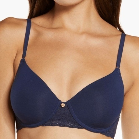 Natori Bliss Perfection Underwire Contour Tee Shirt Bra, Navy, Size 38D, NWT - Picture 1 of 4